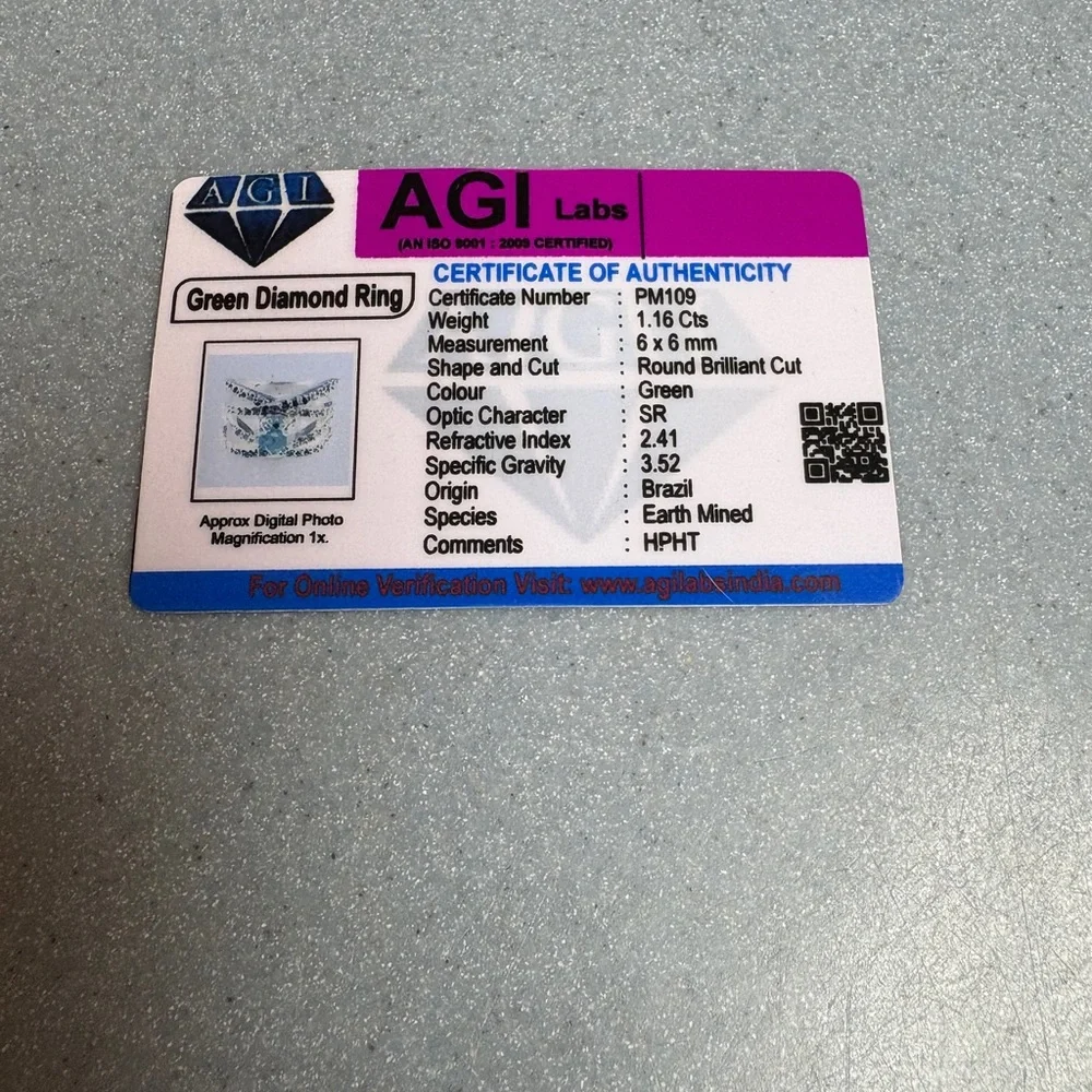 CERTIFIED AGI GENUINE NATURAL MINED 1.16CT Green Diamond Engagement Ring - Picture 7 of 8